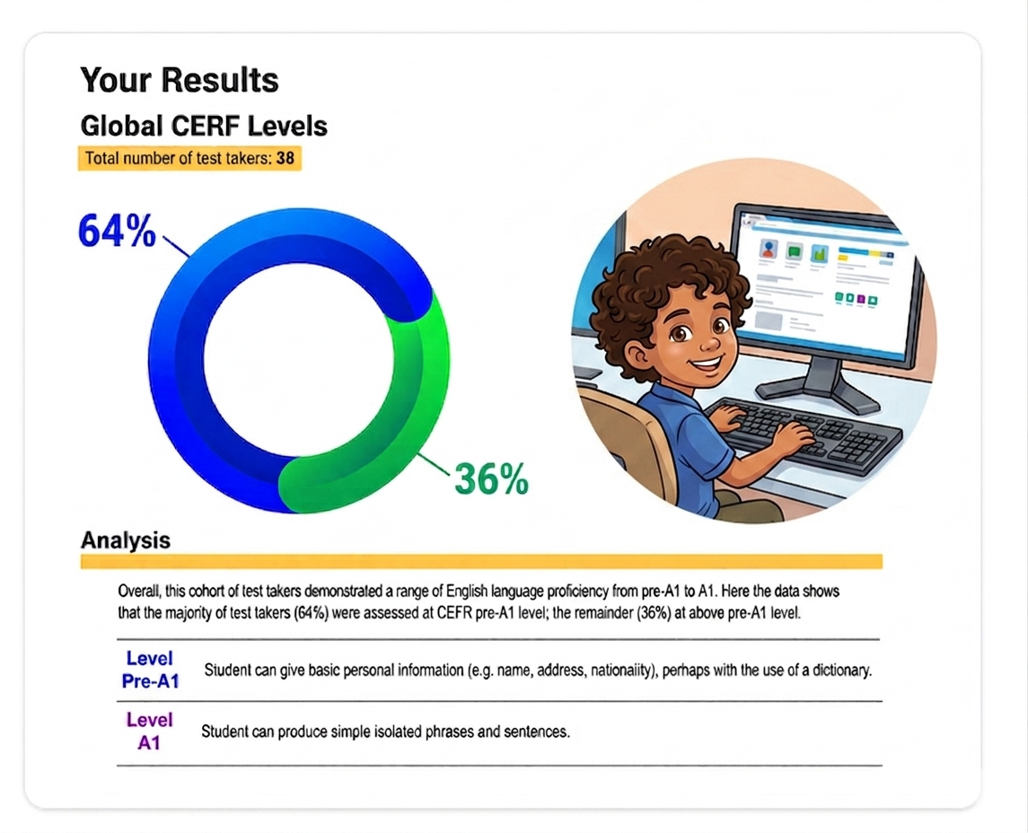 Legere student dashboard with global CEFR levels and results analysis